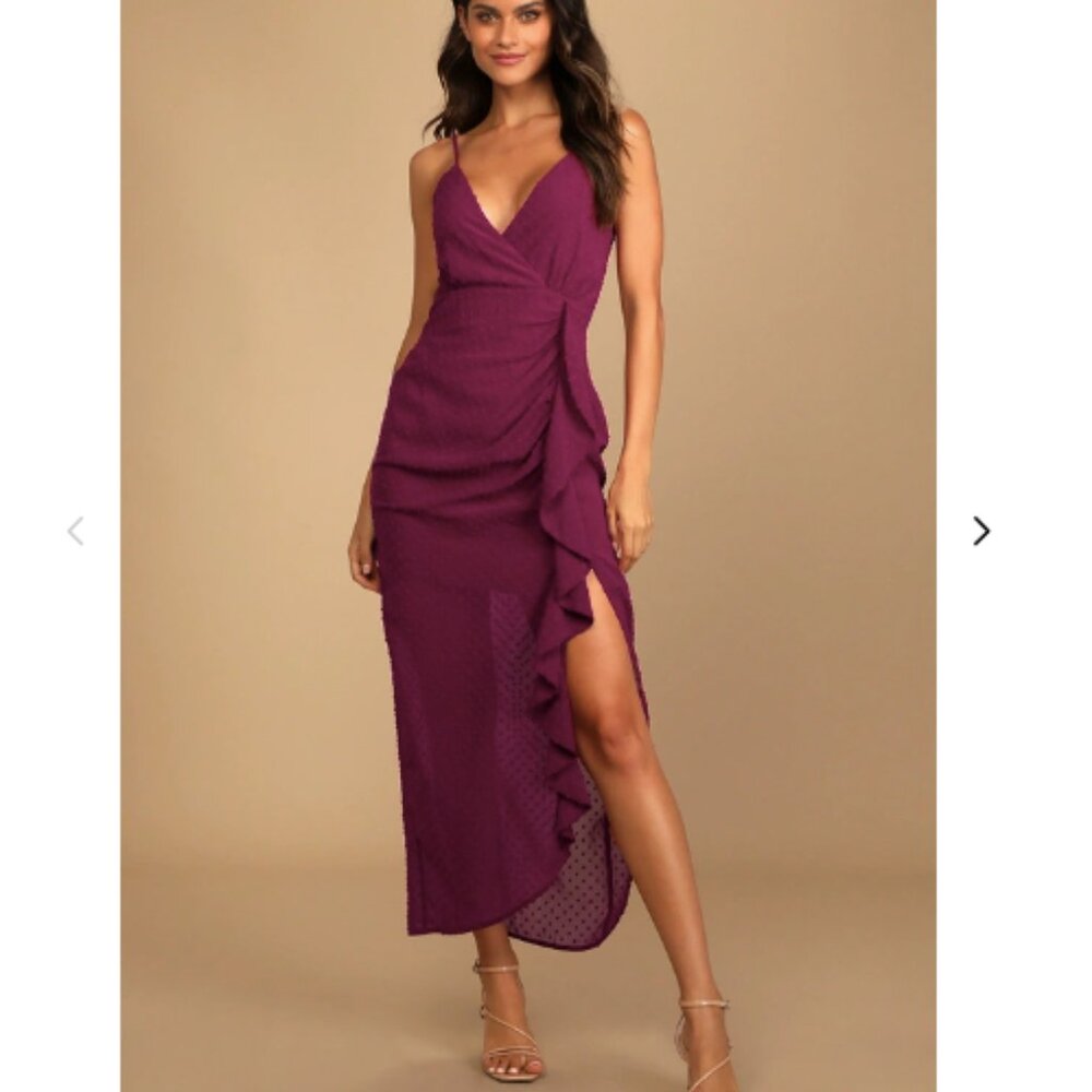 For Us to Dance Magenta Swiss Dot Ruffled Midi Dress